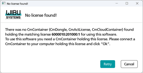 Standard error dialog box when a valid license is not found.